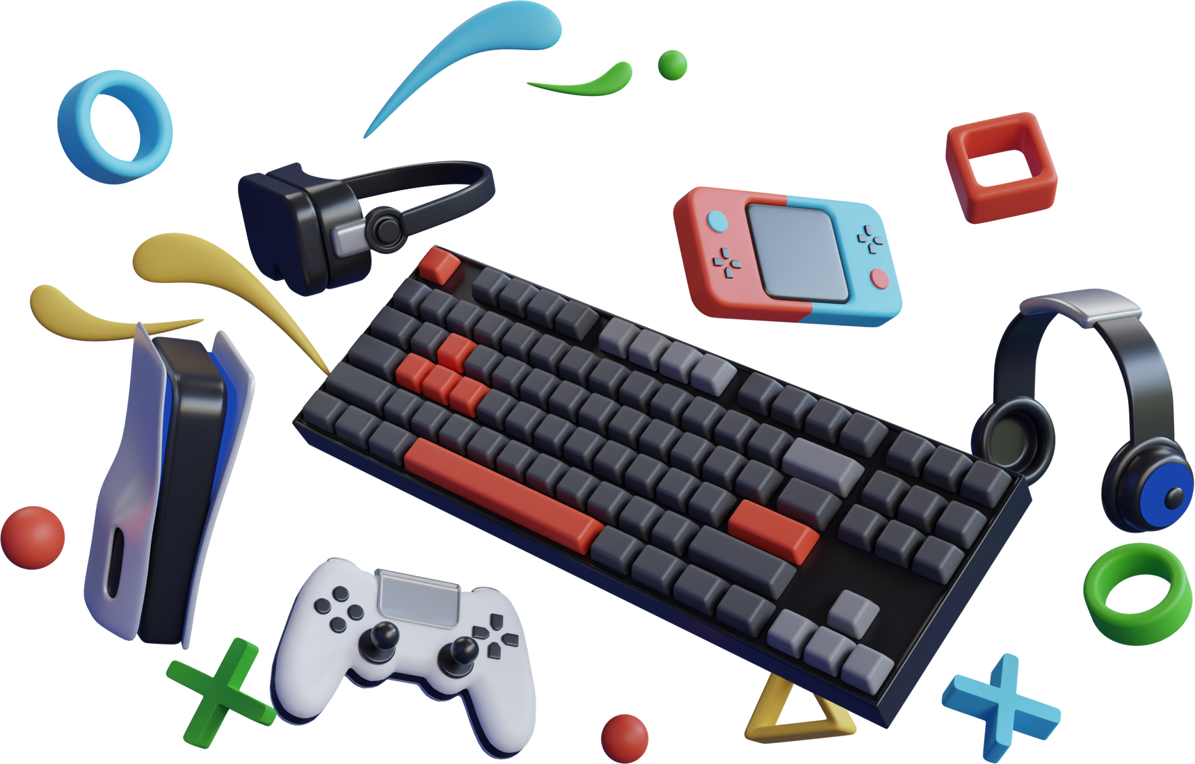 Gaming Keyboard 3D Model Rendering. Flying gamer gears like mouse, keyboard, joystick, headset, VR Headset , gamepad.  Gaming Keyboard hanging with gaming equipment. 3d rendering